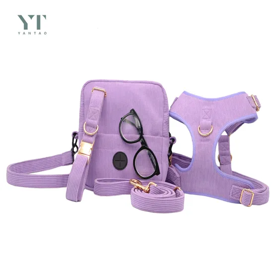 Set di borse e collari per animali domestici in velluto a coste viola personalizzati di lusso di alta qualità, guinzagli lunghi imbottiti, gilet per cani, collare per cani